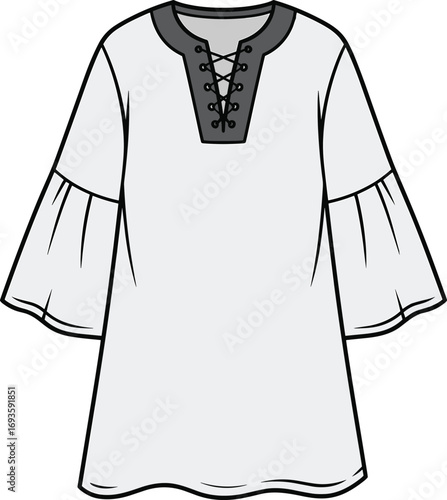 Light Grey Bell Sleeve Lace Up Neck Tunic Top Fashion Flat Sketch shirt blouse