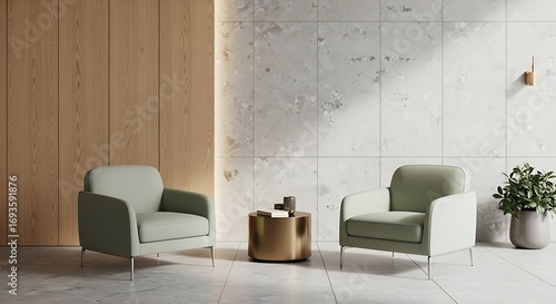 Modern Minimalist Living Room with Armchairs and Coffee Table.