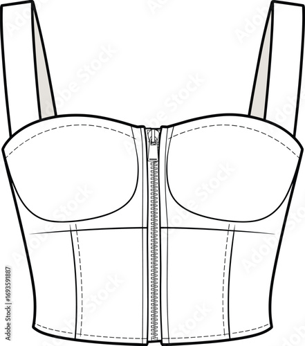 Front view of a strapless bustier top with a full-length front zipper corset bodice