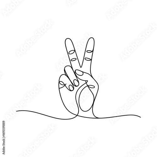 Minimalist single line drawing of a hand making the peace sign