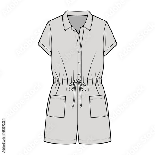 Light Grey Short Sleeve Button Up Romper with Drawstring Waist and Pockets Fashion Flat Sketch jumpsuit