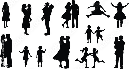 Black silhouette set of adults and children in playful, affectionate poses—vector illustration for family bonding, parenting, and social themes