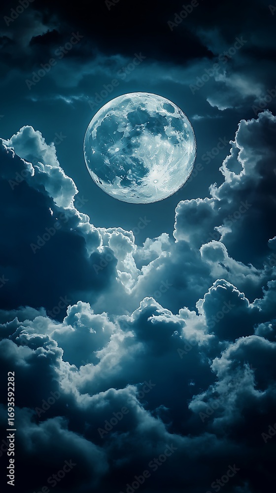 Obraz premium Full Moon Celestial Glow Night Sky with Ethereal Clouds Ambiance & Mystical Light