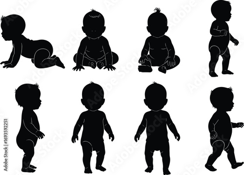 Black silhouette set of babies in seated, crawling, standing, and walking poses—vector illustration for infant development and childcare themes