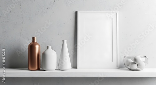 Minimalist Shelf Display with Vases and Frame.