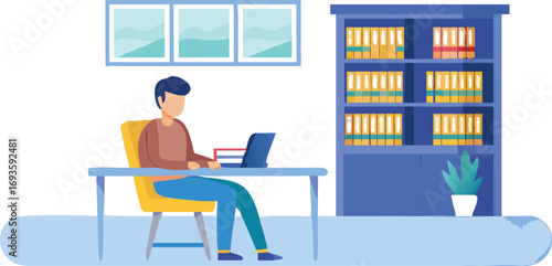 A man focused on his laptop in an office setting, with bookshelves lined with books in the background.