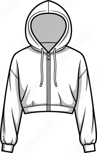 White cropped zip up hoodie fashion flat sketch with hood and drawstring vector illustration