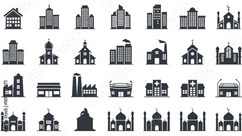 Flat Design Building Icon Set – Homes, Skyscrapers, Churches, Factories, Stores, Hospitals, and Temples