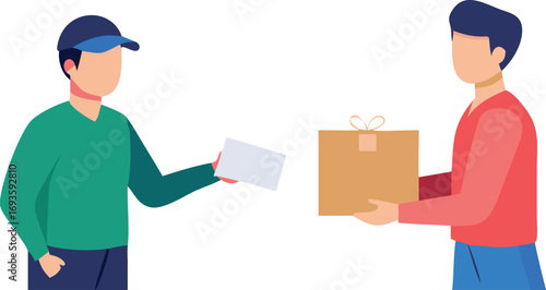 Two men stand together, one holding a box and the other a letter, suggesting a collaborative exchange.

