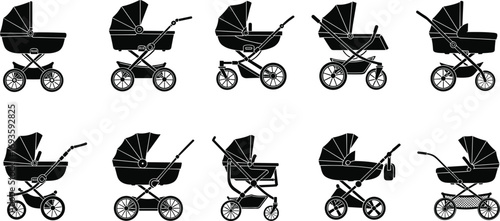 Black silhouette set of baby strollers in various designs, vector illustration for parenting, childcare, product comparison, and baby gear