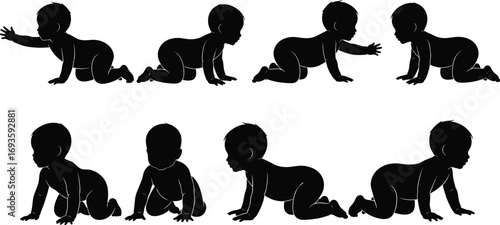 Black silhouette set of crawling baby in multiple poses and directions—vector illustration for infant movement, growth, and development themes