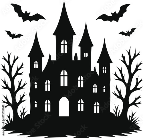 Spooky halloween castle silhouette with bats and bare trees