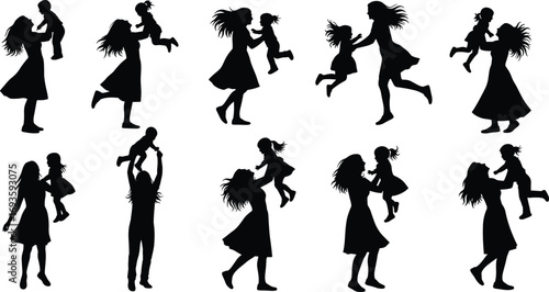 Black silhouette set of mother and child in affectionate poses—lifting, hugging, walking—vector illustration for parenting, love, and bonding