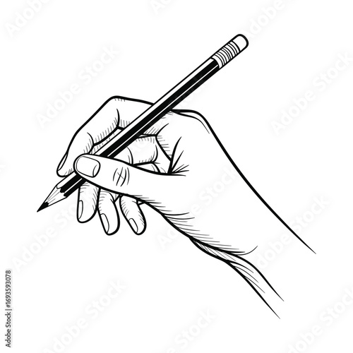 Hand holding a pencil in a drawing or writing motion black and white sketch