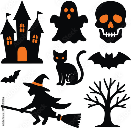 Halloween silhouette icons featuring castle witch cat skull bat and ghost