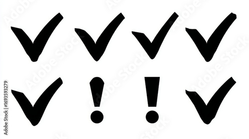 Solid checkmark and exclamation icons, bold black and white, for task completion and alerts with copy space