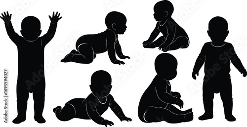 Silhouette set of babies in various poses, crawling, sitting, standing, black vector illustration for infant development and childcare themes