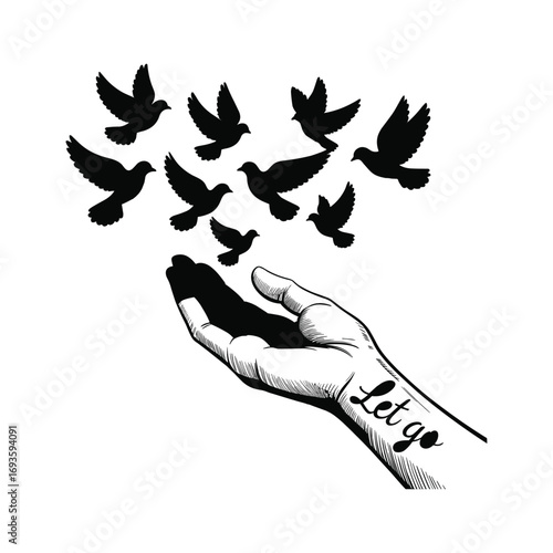 Hand releasing flock of birds symbolizing freedom and letting go