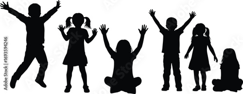 Silhouette set of children in playful poses, jumping, sitting, standing, expressive movement, black vector art for childhood themes