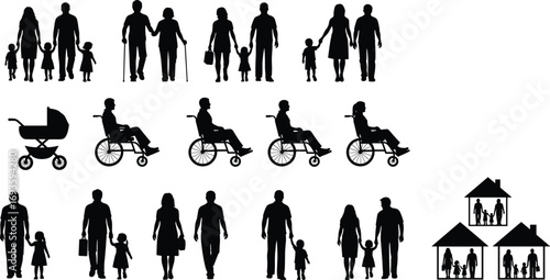 Silhouette set of diverse family and life stages including children, elderly, wheelchair users, and homes—vector illustration for social themes
