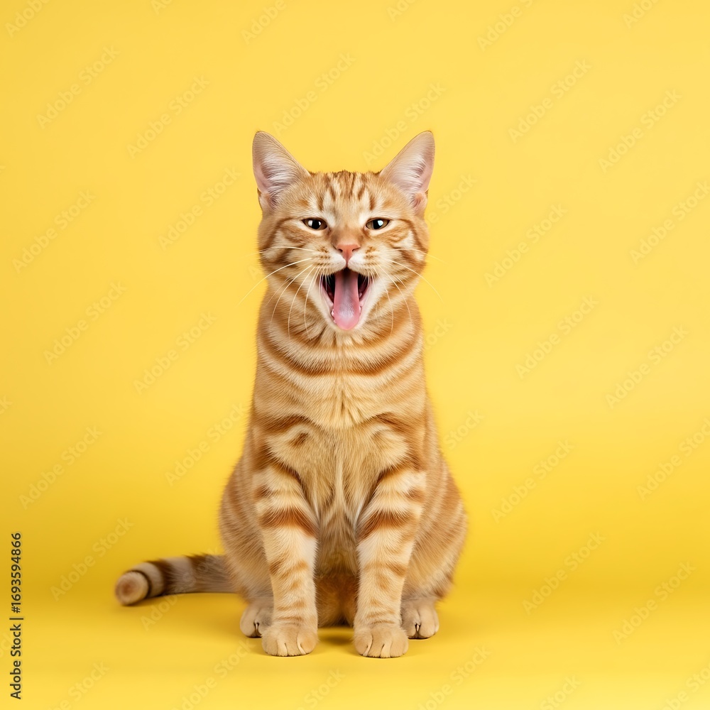 Obraz premium A ginger cat with a wide-open mouth sits against a bright yellow backdrop, showcasing its striped fur pattern and playful expression.