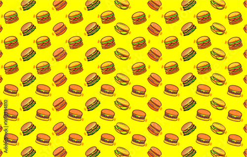 Doodle burger pattern background. Seamless pattern of burger. Doodle cheese burger of hamburger pattern background. Burger pattern. Vector illustration.