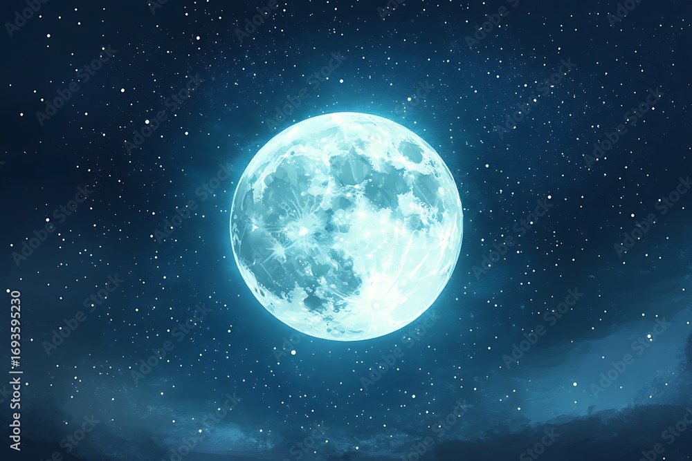 Naklejka premium Full Moon Shining in the Night Sky with Stars and Clouds Artistic Impression