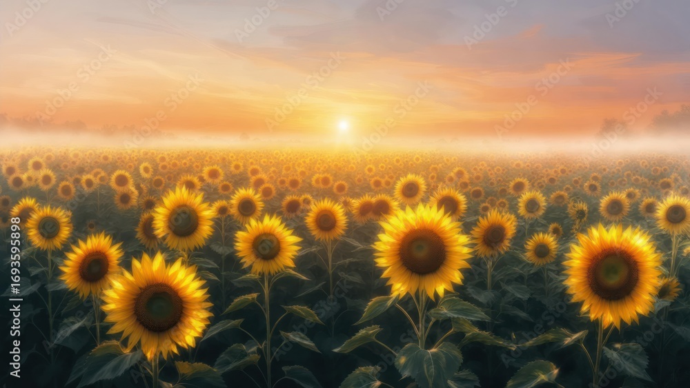 Fototapeta premium Sunrise over a sunflower field