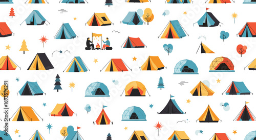 Camping adventure seamless pattern with tents, trees, and stars for travel and outdoor themes