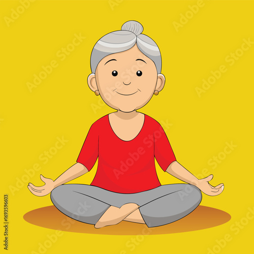 Charming illustration of senior woman meditating in lotus position for wellness campaign
