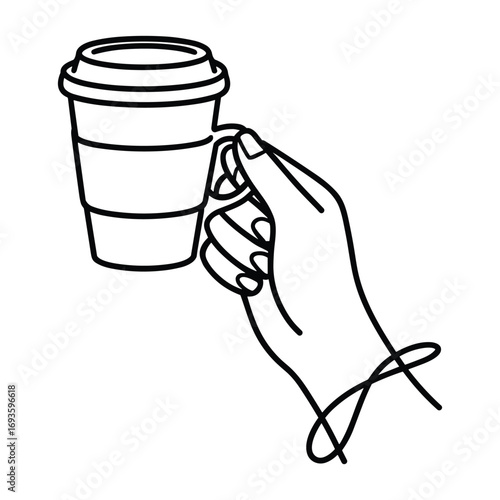 Minimalist line art of a hand holding a disposable coffee cup with a lid