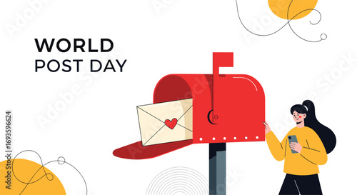 World Post Day: Woman with phone near vibrant mailbox and love letter illustration