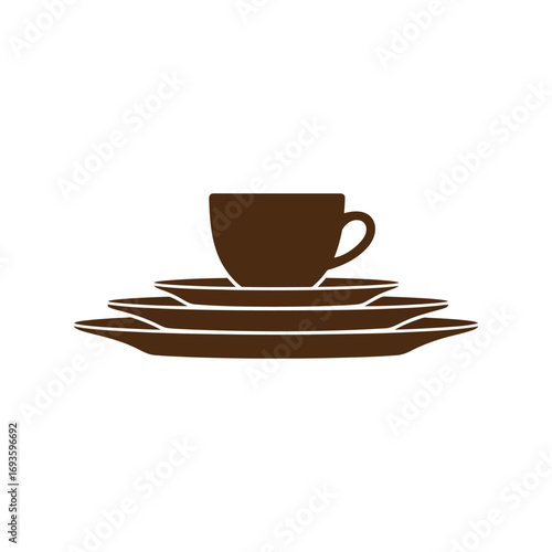 Elegant brown ceramic coffee cup and saucer stacked on plates minimalist tableware icon vector