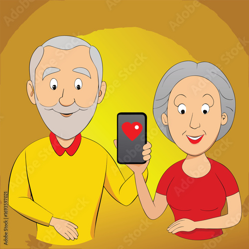 Senior couple finds love online with dating app on phone, connecting through technology and shared interests