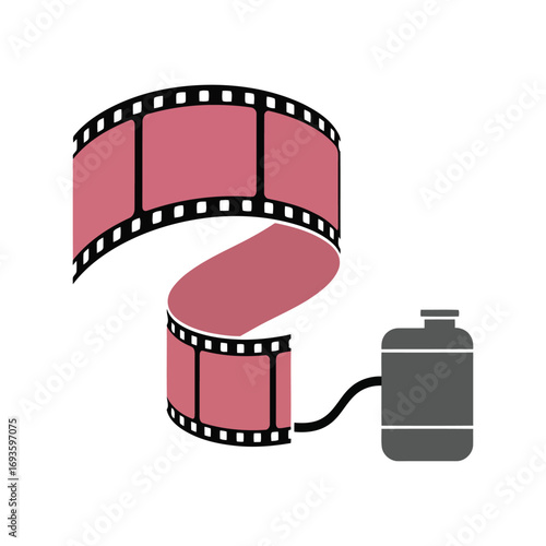 Film reel connected to developing tank classic analogue photography cinematic production concept vector