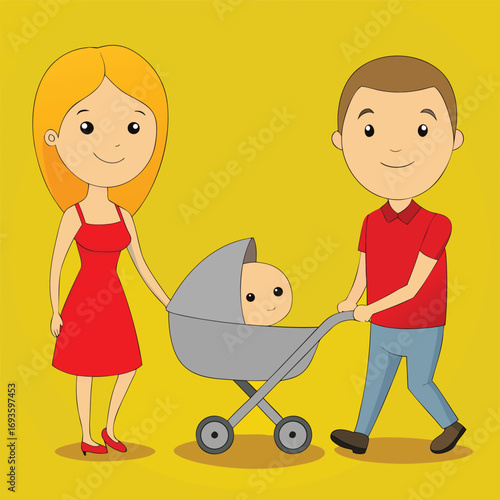 Happy cartoon family enjoying a stroll with their baby in a stroller on a bright day, perfect for parenting blogs