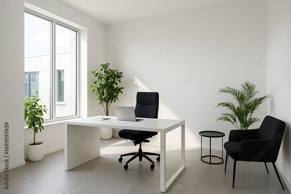 Fototapeta premium Serene Minimalist Office with Natural Light and Greenery Accents