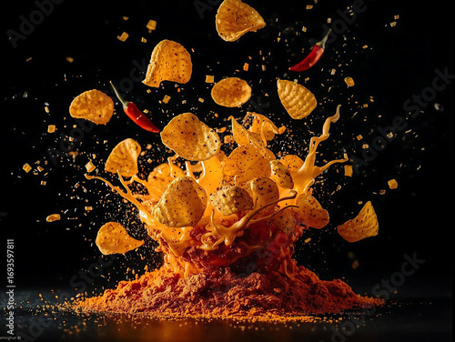 Potato Flavor Explosion: A dynamic arrangement of golden chips erupts, interspersed with red chili peppers, creating a sensory experience of taste, color, and texture.