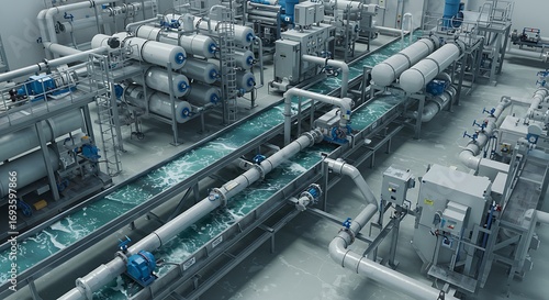 Modern industrial water treatment facility with advanced purification systems, intricate pipelines, and processing units, highlighting clean technology and sustainable water management practices
