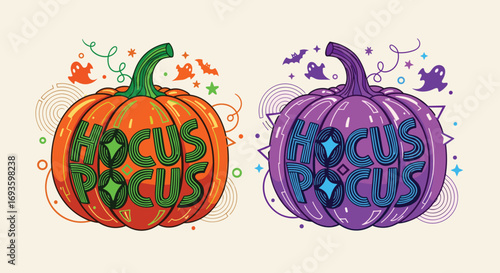 Halloween Hocus Pocus pumpkins with spooky ghosts, bats, and stars for holiday design