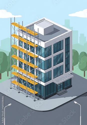 Isometric perspective of a building undergoing renovation, showcasing scaffolding against a city backdrop for urban