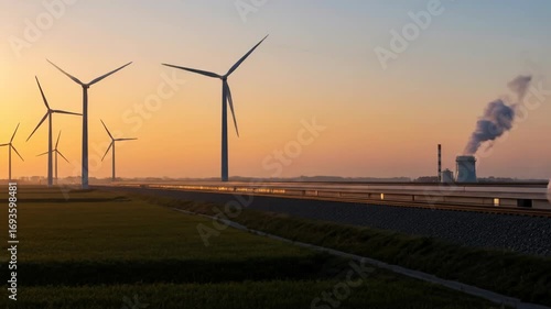 High-Speed Train and Wind Turbines at Sunset, Transportation and Renewable Energy Coexisting in a Scenic Landscape