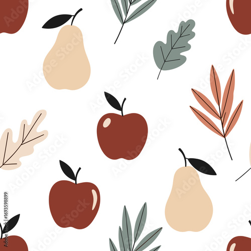 Autumn harvest fruits and foliage seamless pattern with apples and pears for seasonal decor