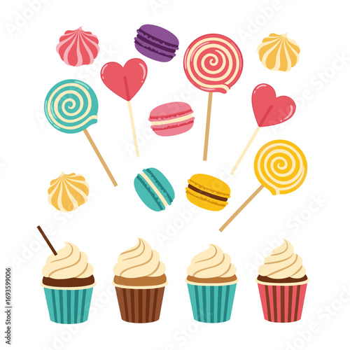 A delicious assortment of colorful sweet treats including cupcakes macarons and swirl lollipops