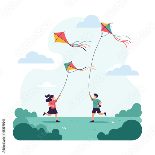 Children joyfully flying colorful kites on a sunny day in a park with green trees and fluffy clouds above them creating happy memories