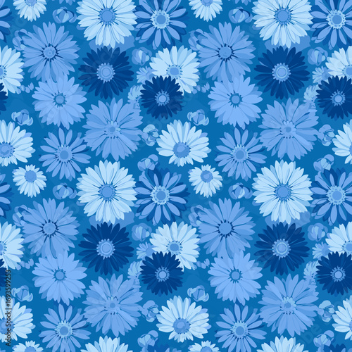 A pattern of blue and white daisy flowers with subtle variations in shade and texture repeating across the frame