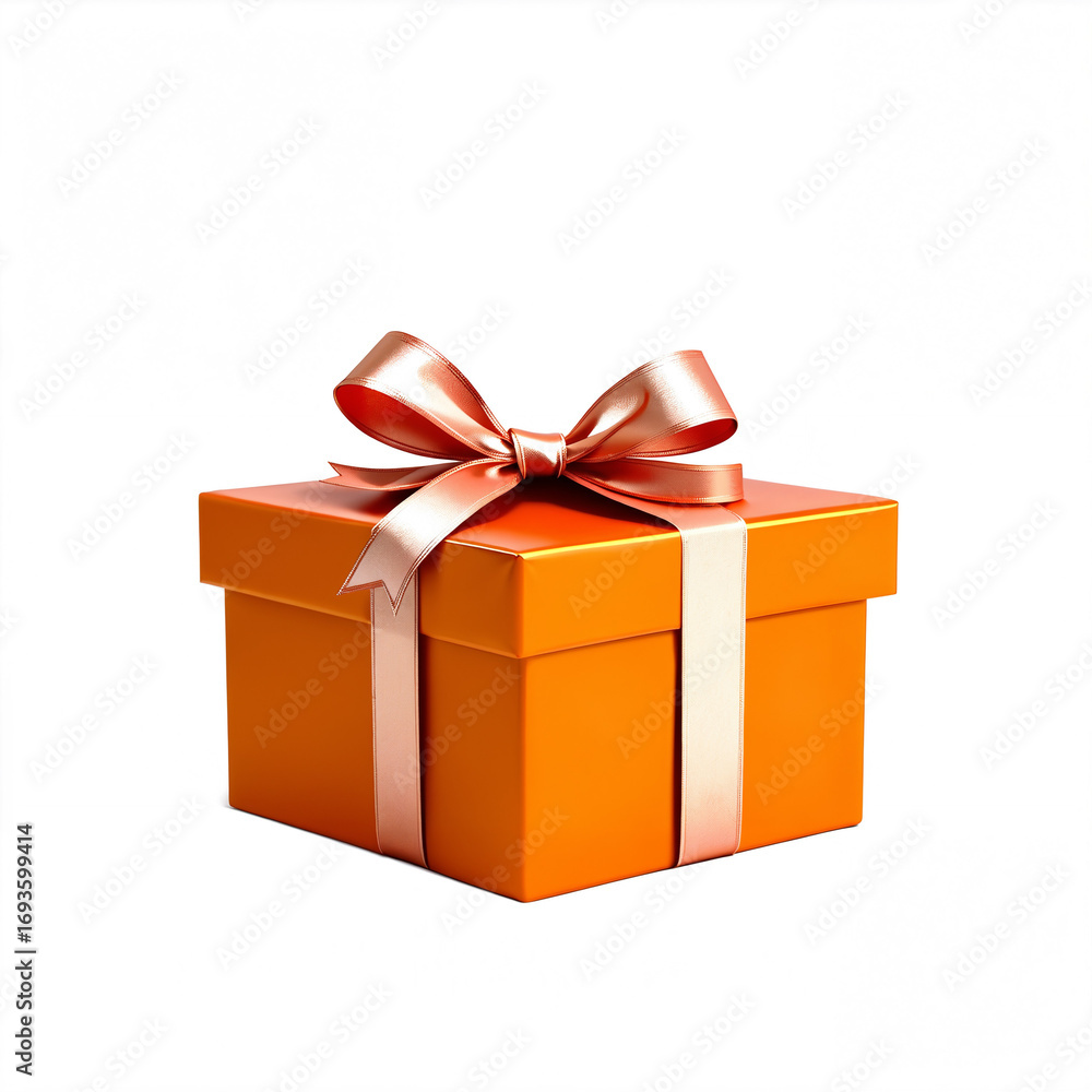Obraz premium Shiny orange gift box with a gold ribbon and bow on a white background