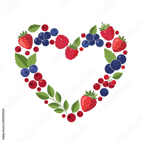 A heart shaped arrangement of fresh red and blue berries with green leaves for healthy eating and nutrition concepts