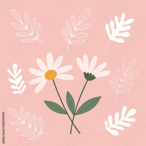 Gentle spring blossoms adorned with delicate white leafy sprigs on a soft pink background for a fresh and airy feel