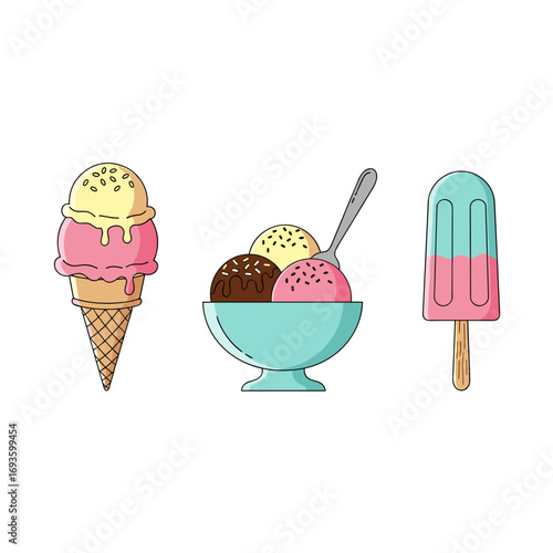 Sweet frozen desserts collection featuring ice cream cones and popsicles for refreshment and enjoyment